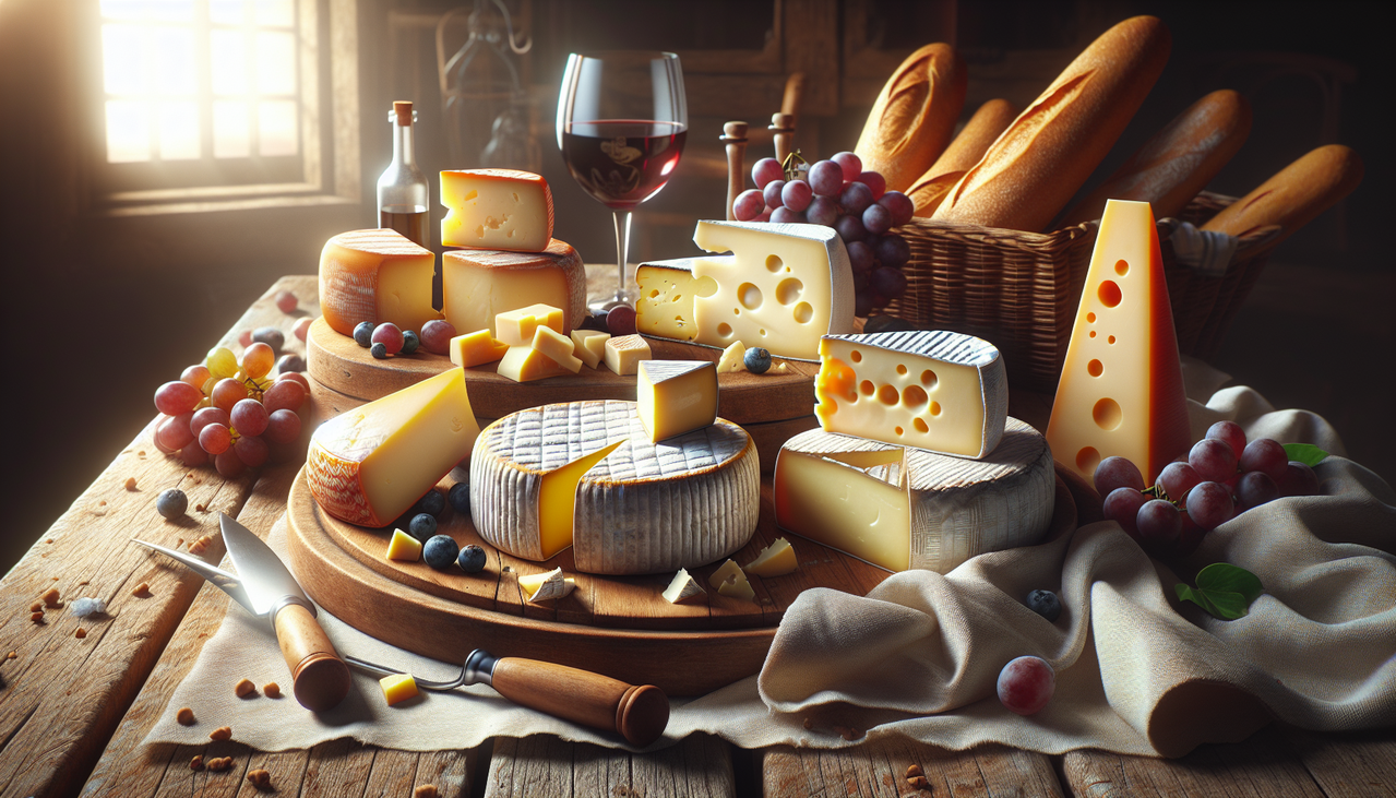 Assortiment de fromages français incluant Delice de Bourgogne, Doux de Montagne et Dauphin sur table en bois rustique.