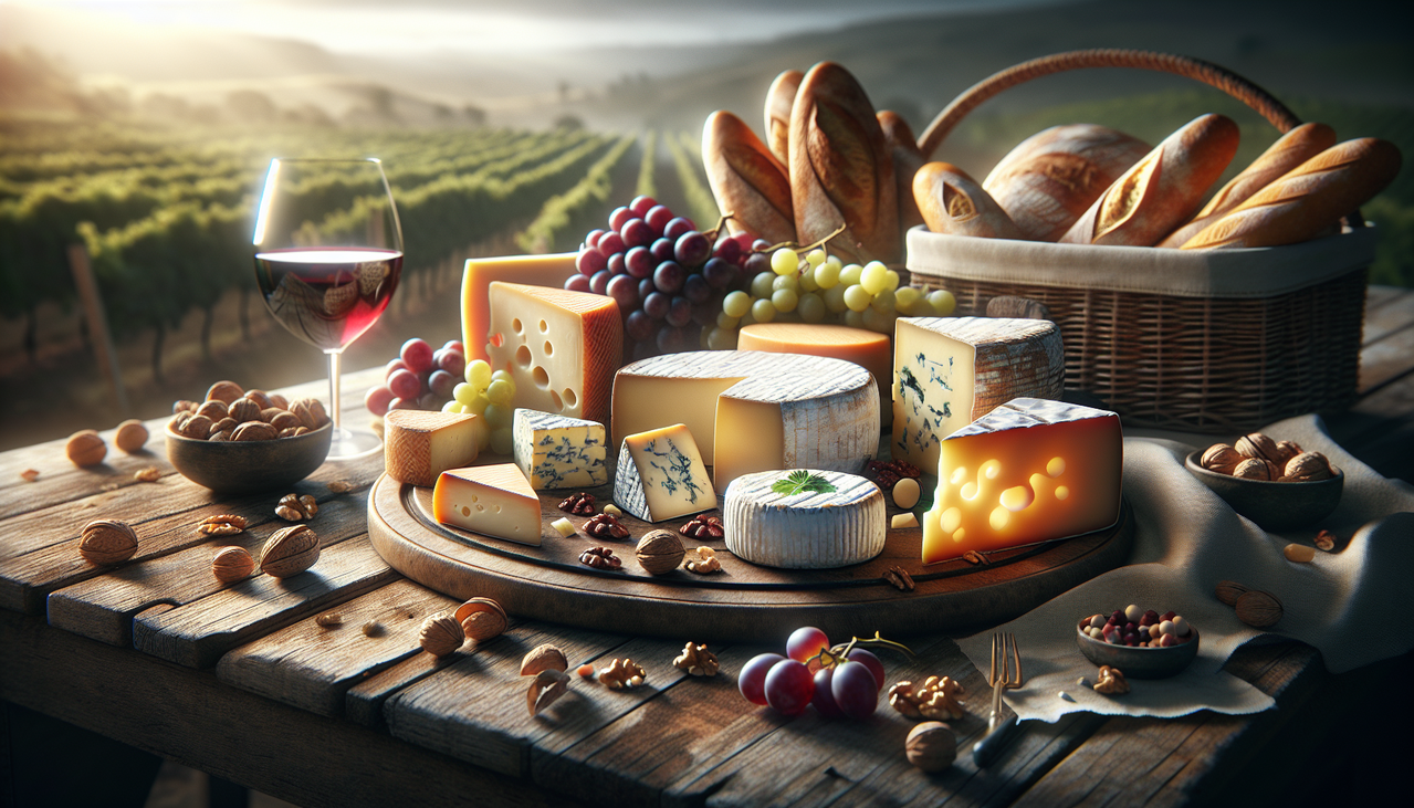 Plateau de fromages français en G sur table rustique avec raisins, noix, pain, verre de vin rouge et paysage de vigne flou en arrière-plan.