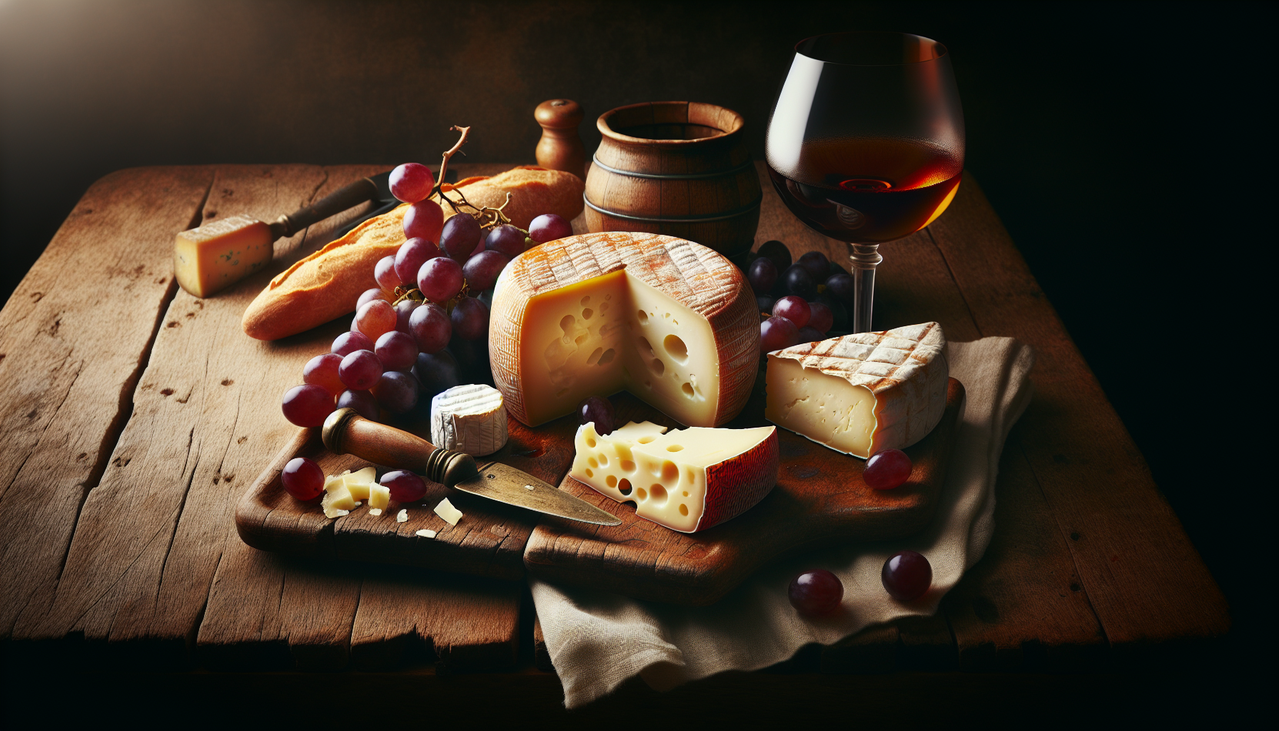 Afficher "Plateau de fromages français avec Havarti, Herve, raisins, et Halloumi sur table en chêne, avec vin rouge et baguette."