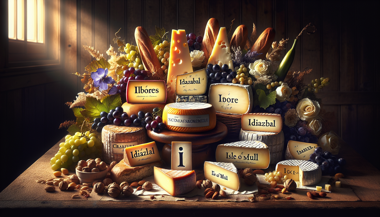Fromages en I variés sur table en bois rustique, avec arrière-plan de vignoble ensoleillé. Titres élégants.