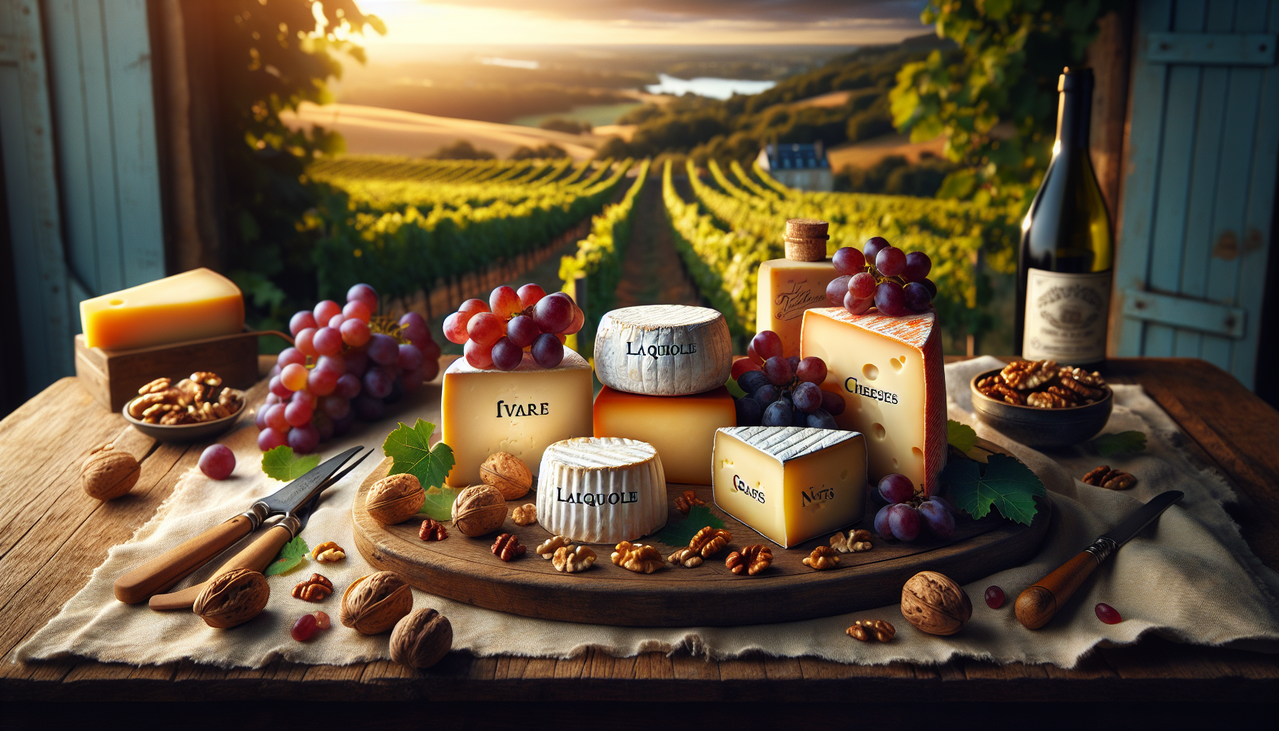 Assortiment de Frommages en L français sur planche en bois rustique, raisins rouges, noix, avec vue sur un vignoble français au coucher du soleil.