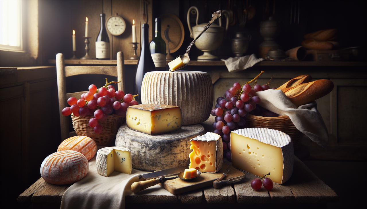 Assortiment de fromages M en ambiance rustique française.