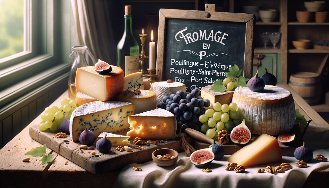 Assortiment de fromages français commençant par P sur une planche en bois rustique.